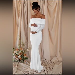 Club L London Pretty Perfect | White Maternity Ruched
Mesh Bardot Maxi Dress